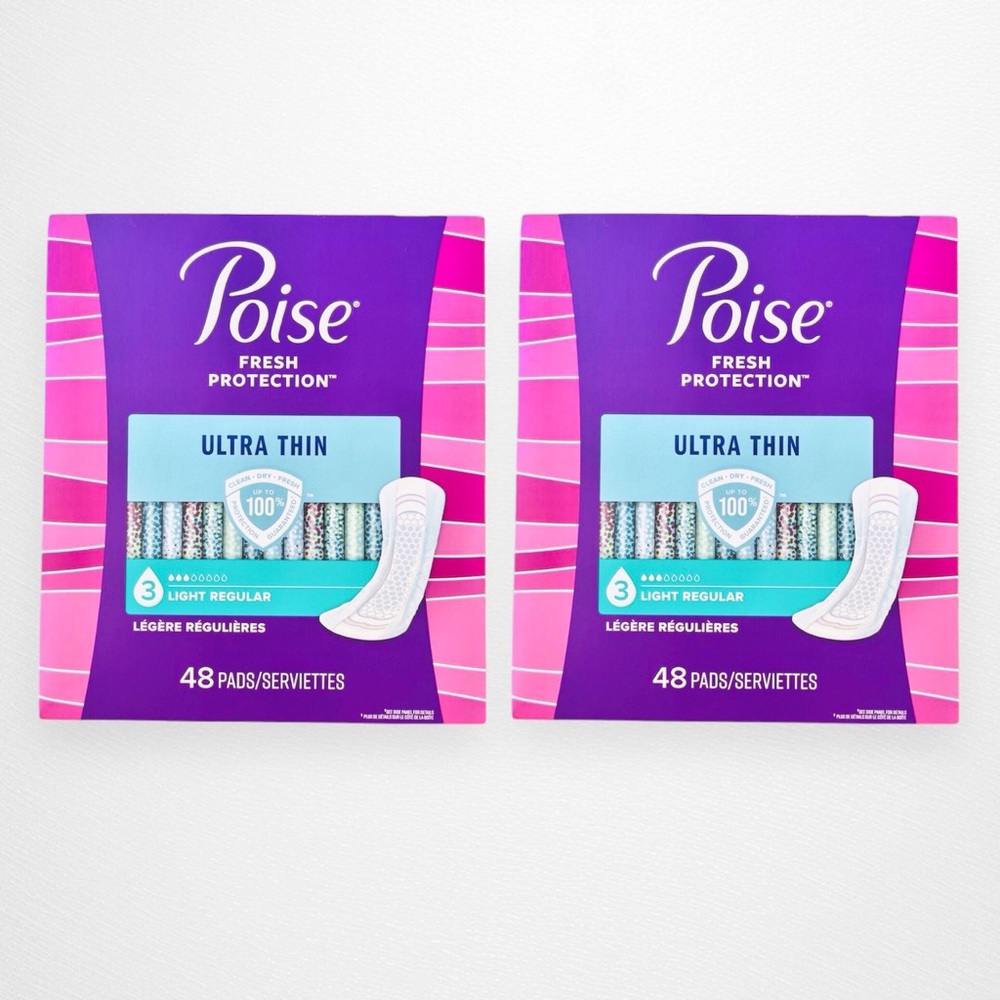 2 Poise Ultra Thin Incontinence Pads Light Absorbency Regular Length, 48 Ct Each